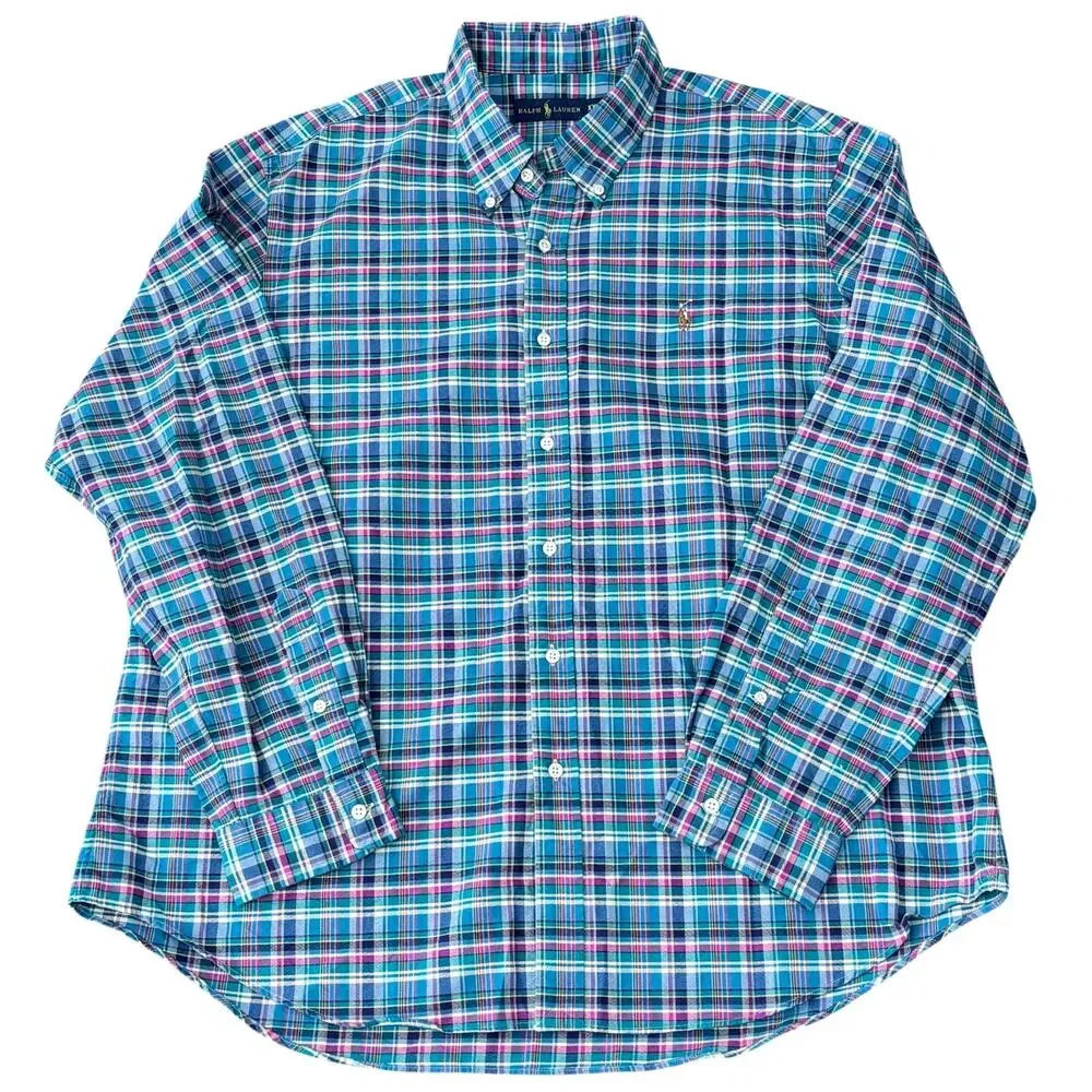 Polo Ralph Lauren Oxford Plaid Button Down Shirt XXL Blue Aqua Pink Brown Pony
